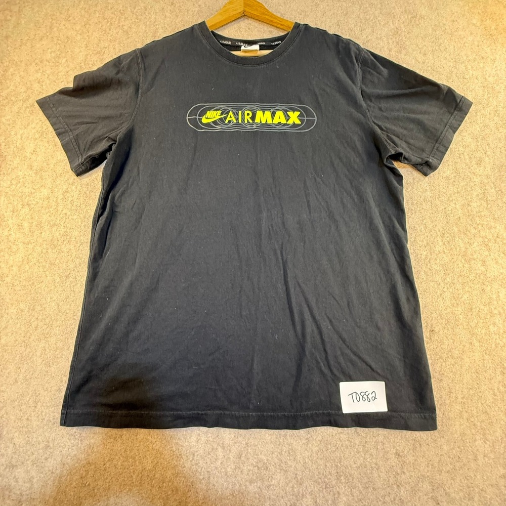 Nike Air Max Mens Graphic T-Shirt Black Neon‎ Yellow Logo Crew Neck Large T0882